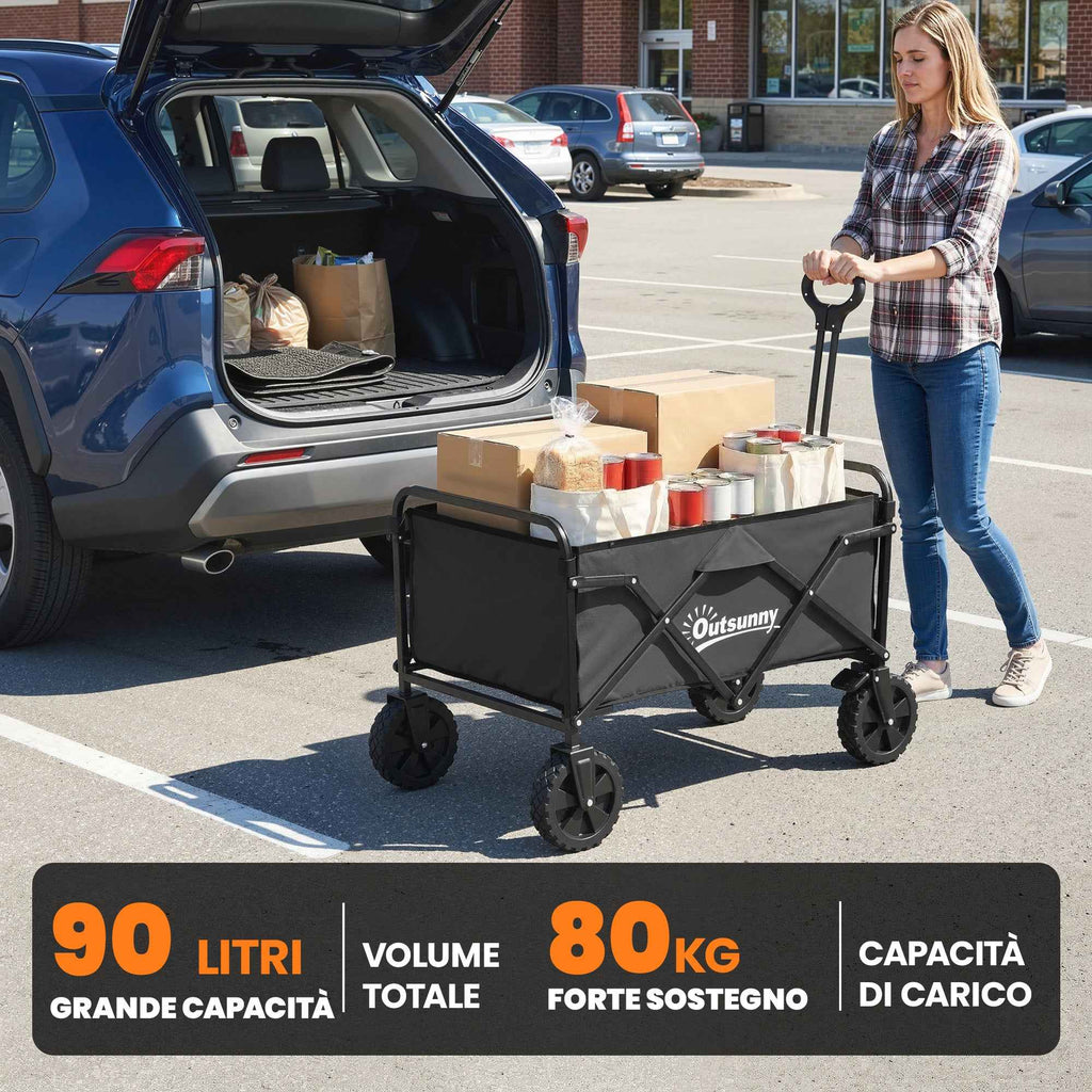 Outsunny 90L Folding Garden Cart with Adjustable Handle and Cup Holder, Black