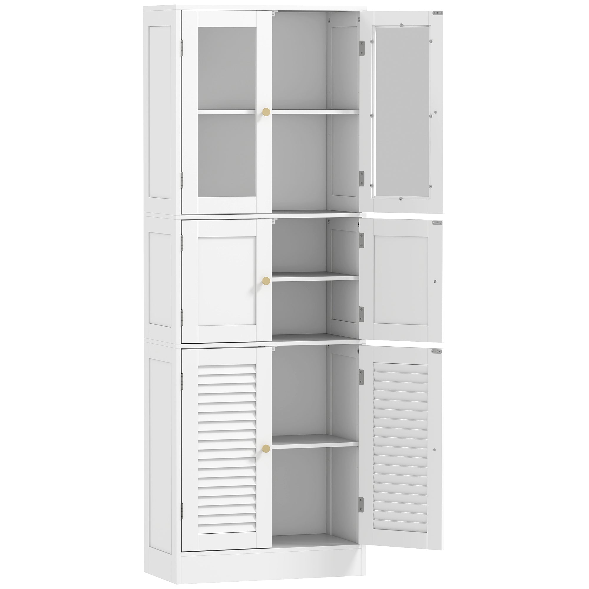 Bathroom Cabinet with 3 Glass and Wood 2-Door Cabinets, Adjustable Shelves, 60x30x170 cm, White
