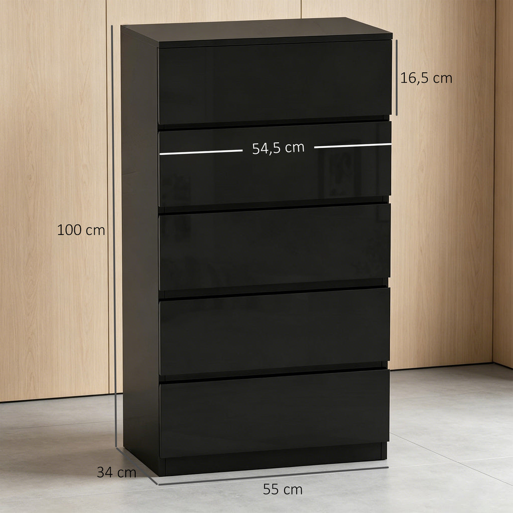 HOMCOM 5-Drawer Wooden Chest of Drawers, Modern and Multipurpose Bedroom Dresser, 55x34x100 cm, Black