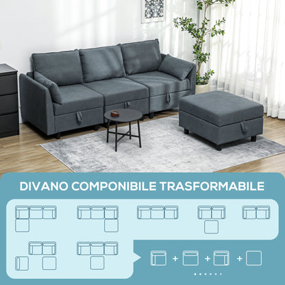 Modern  3 Seater Modular Sectional Sofa with Footrest and Cushions, Flannel Upholstery, Dark Grey