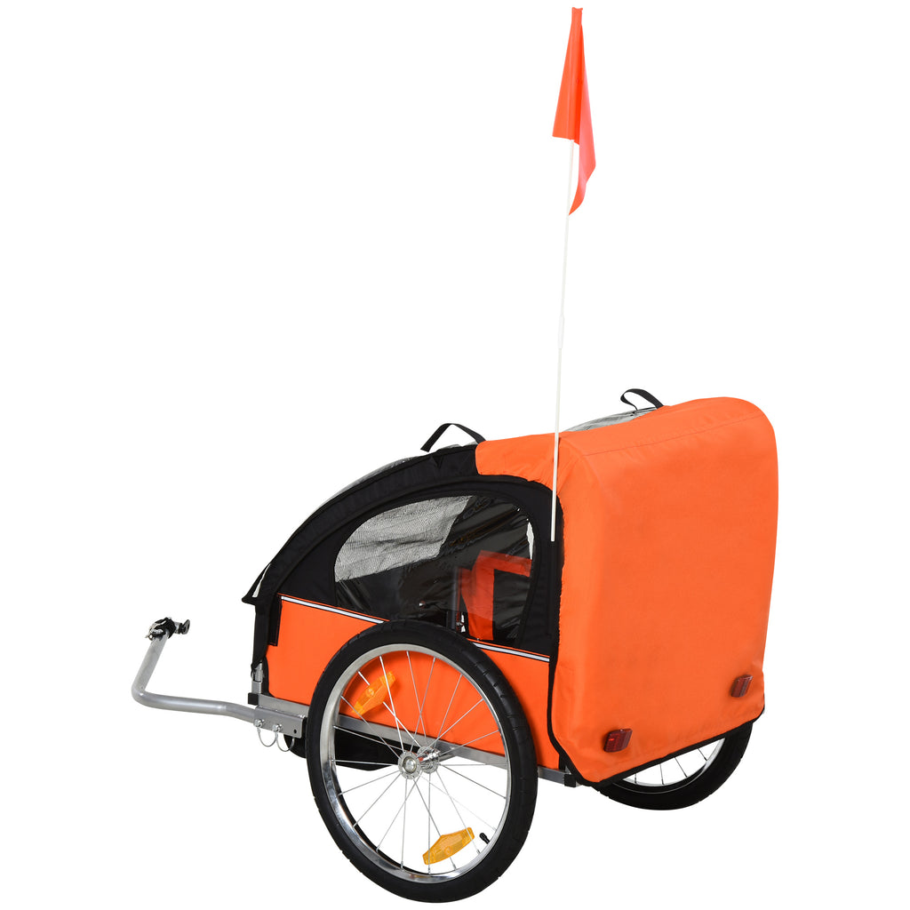 Children's Bike Trailer with 2 Seats, 2 Safety Belts, Steel Frame and Orange Oxford Fabric Cover