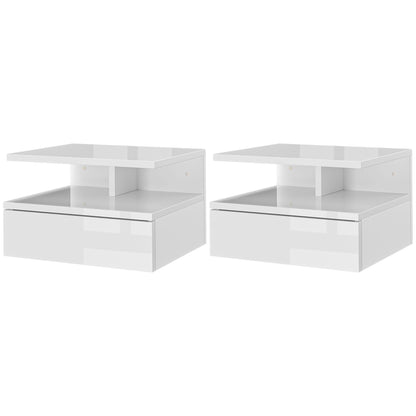 Set of 2 Modern Floating Bedside Tables with Drawer and Wooden Shelf 35x32x22.5cm, Glossy White