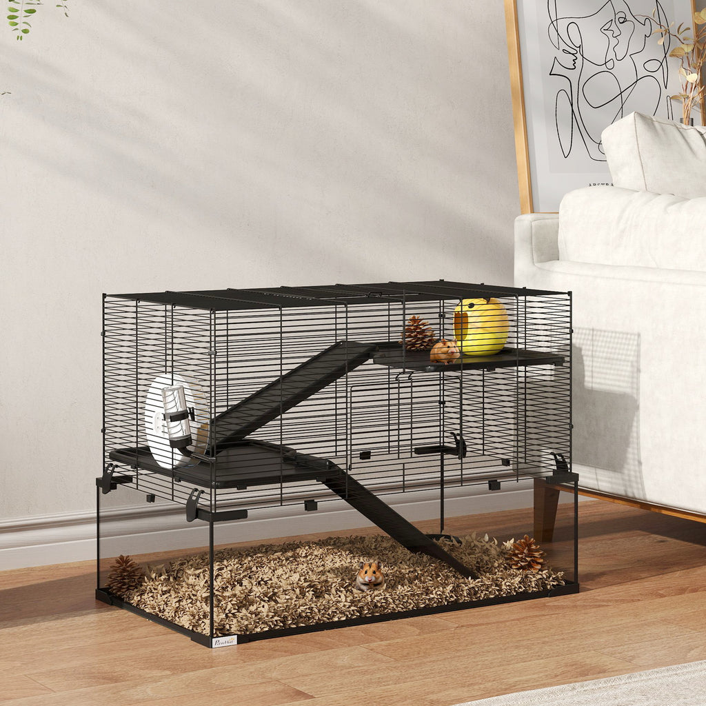 3-Tier Hamster Cage with Tempered Glass Base, Wheel and Accessories, 76.5 x 48.5 x 54.5 cm, Black
