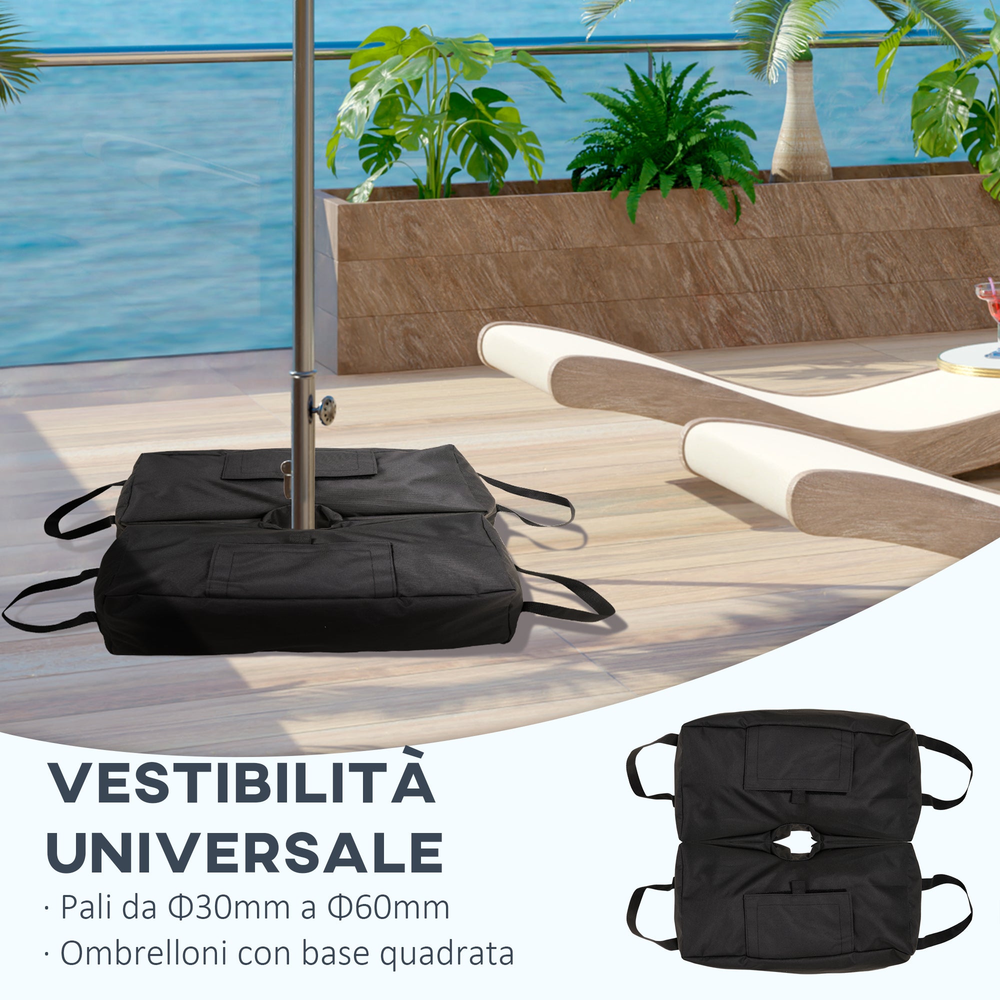 Base for Umbrella Bag Fillable with 50 kg of Sand, in Plastic and Oxford Fabric, 50x25x18 cm, Black