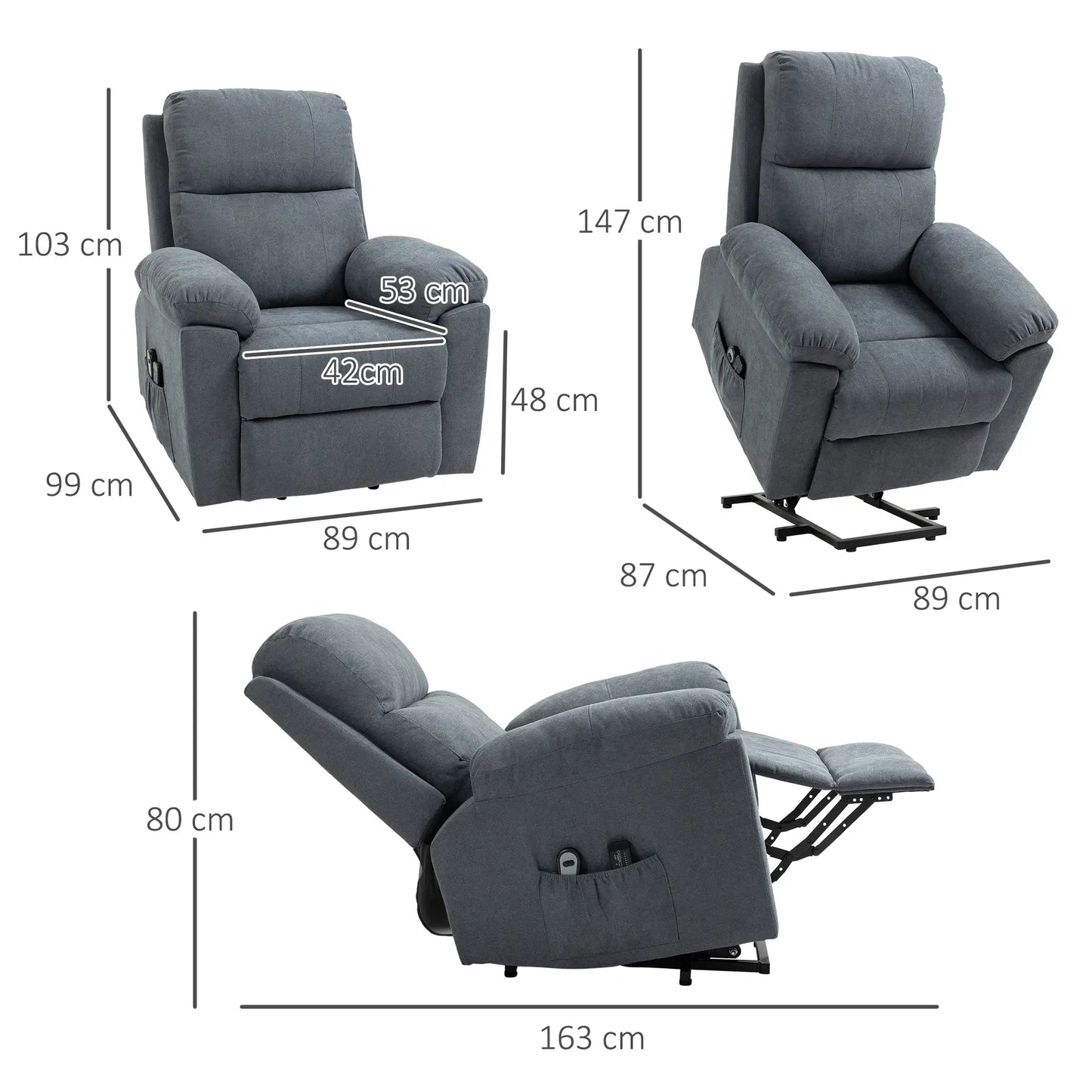 Lifting Armchair Reclining up to 135° with 8 Massage Points, Remote Control and Footrest 89x99x103 cm, Grey