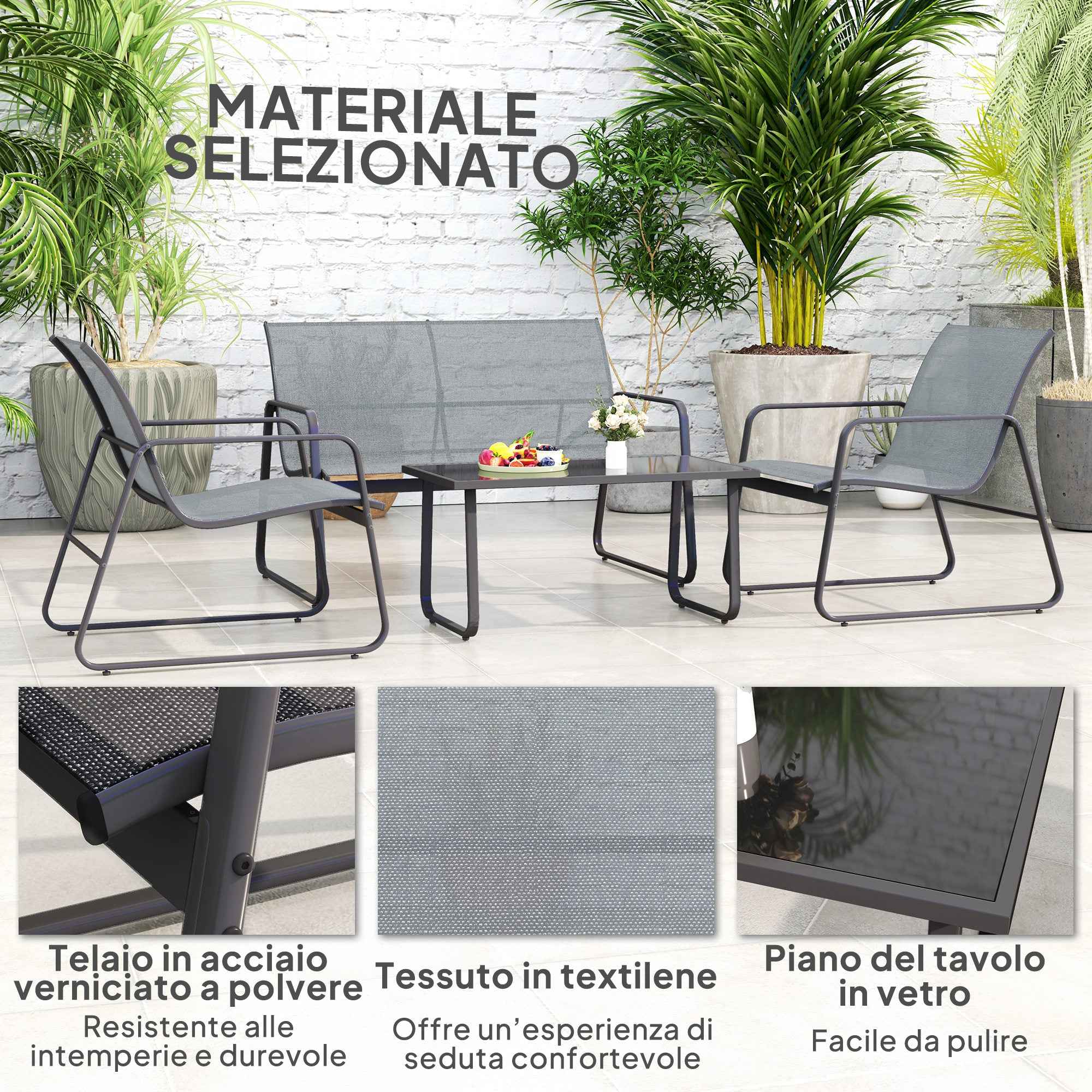 Outsunny 4-Piece Outdoor Set with Coffee Table, 2-Seater Bench and 2 Chairs, in Metal and Light Grey Texteline