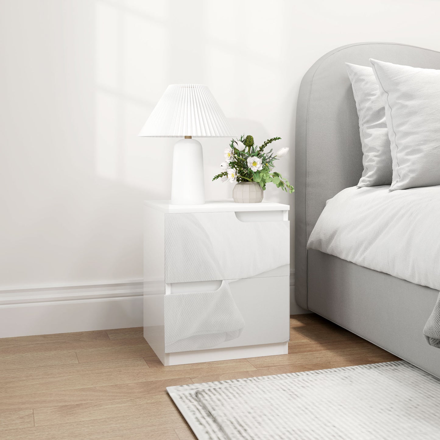 Modern Wooden Bedside Table with 2 Drawers and Glossy Design, 40x40x48 cm, White