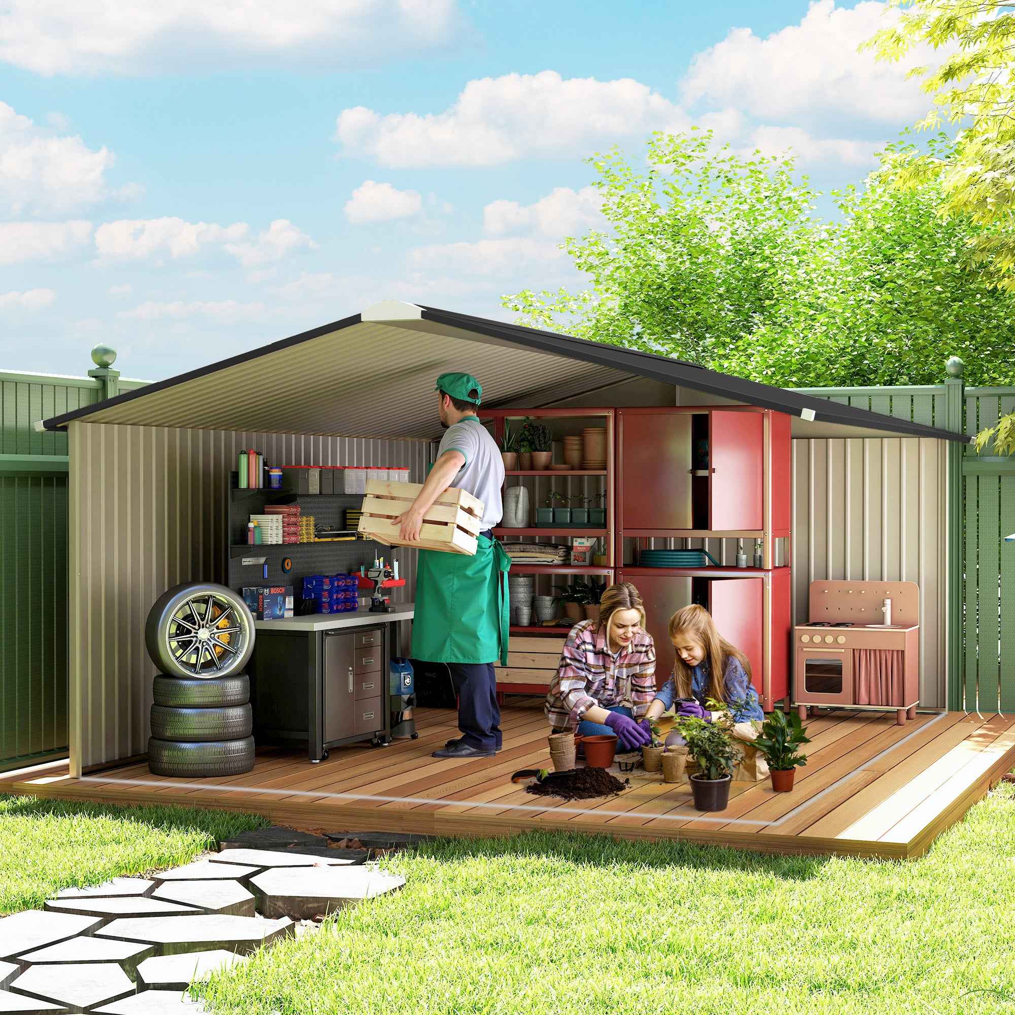 Outsunny 3.4x3.8x2 m Steel Garden Shed with Double Sliding Door and Pitched Roof, Silver
