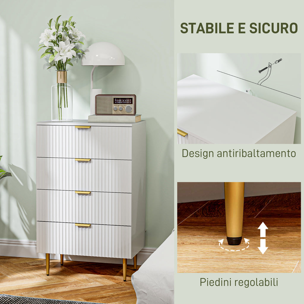 Modern Chest of 4 Drawers with Golden Handles, 60x40x96 cm, White