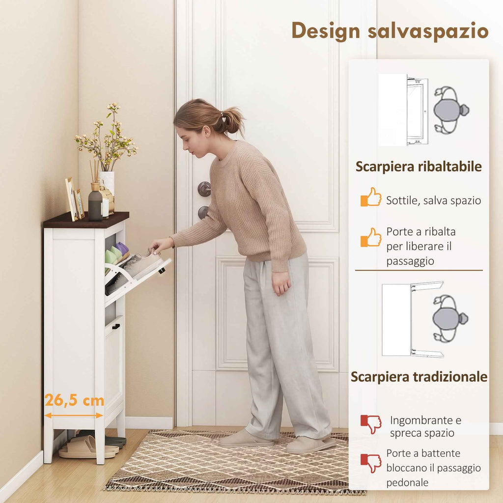 HOMCOM Country Shoe Rack with 2 Flap Drawers, Adjustable Shelves, White Design.