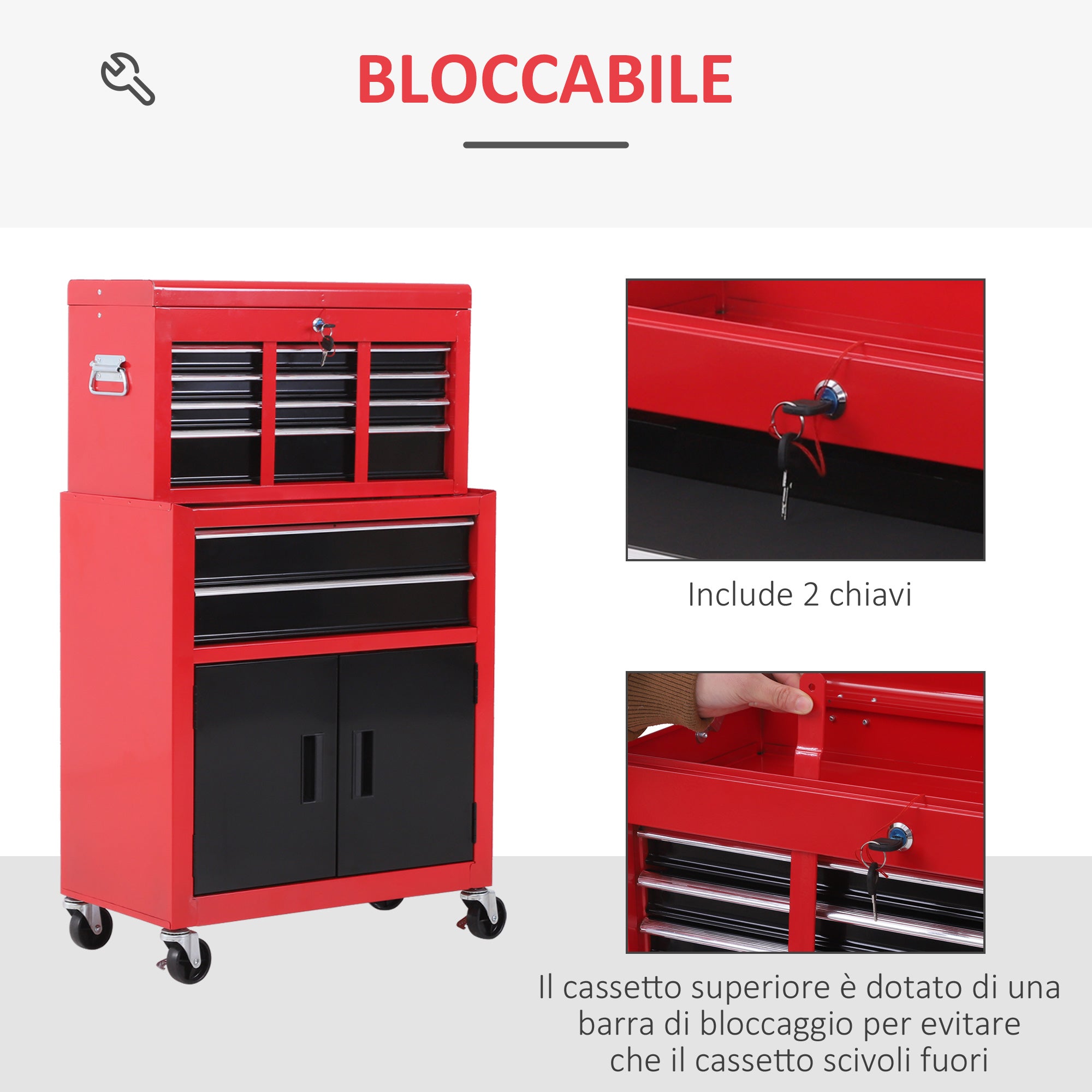 2-in-1 Tool Cart with Upper Drawer and Lower Cabinet, Metal, 61.6x33x108 cm, Red