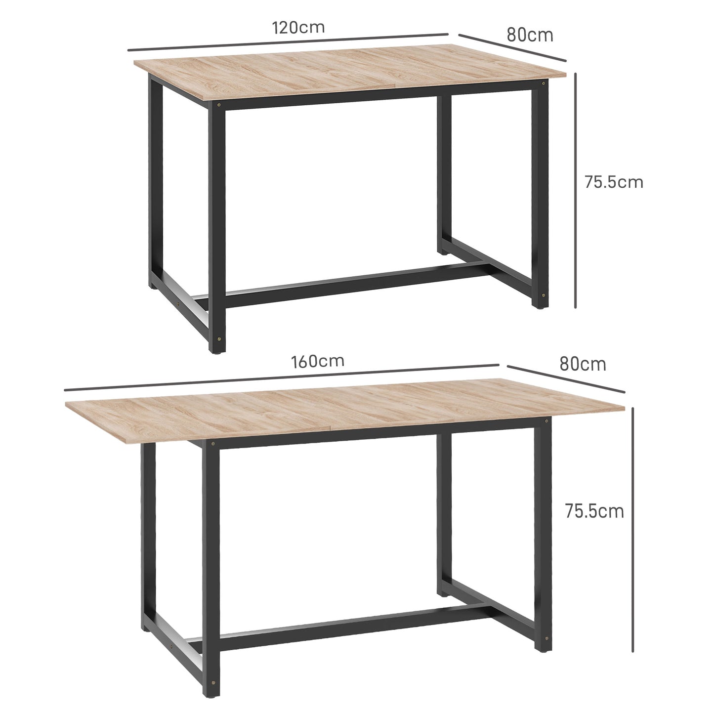 Extendable Dining Table for 4-6 People Industrial Style in Wood and Steel, 120-160x80x75.5cm