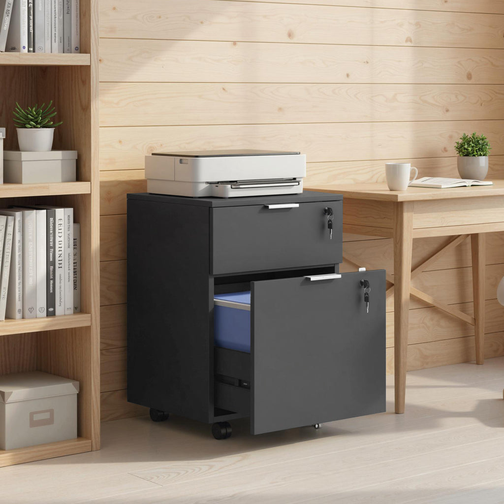 HOMCOM Office Filing Cabinet with 2 Drawers, Lockable, Braked Wheels, for A4/Legal Size, 42x40x60 cm, Black