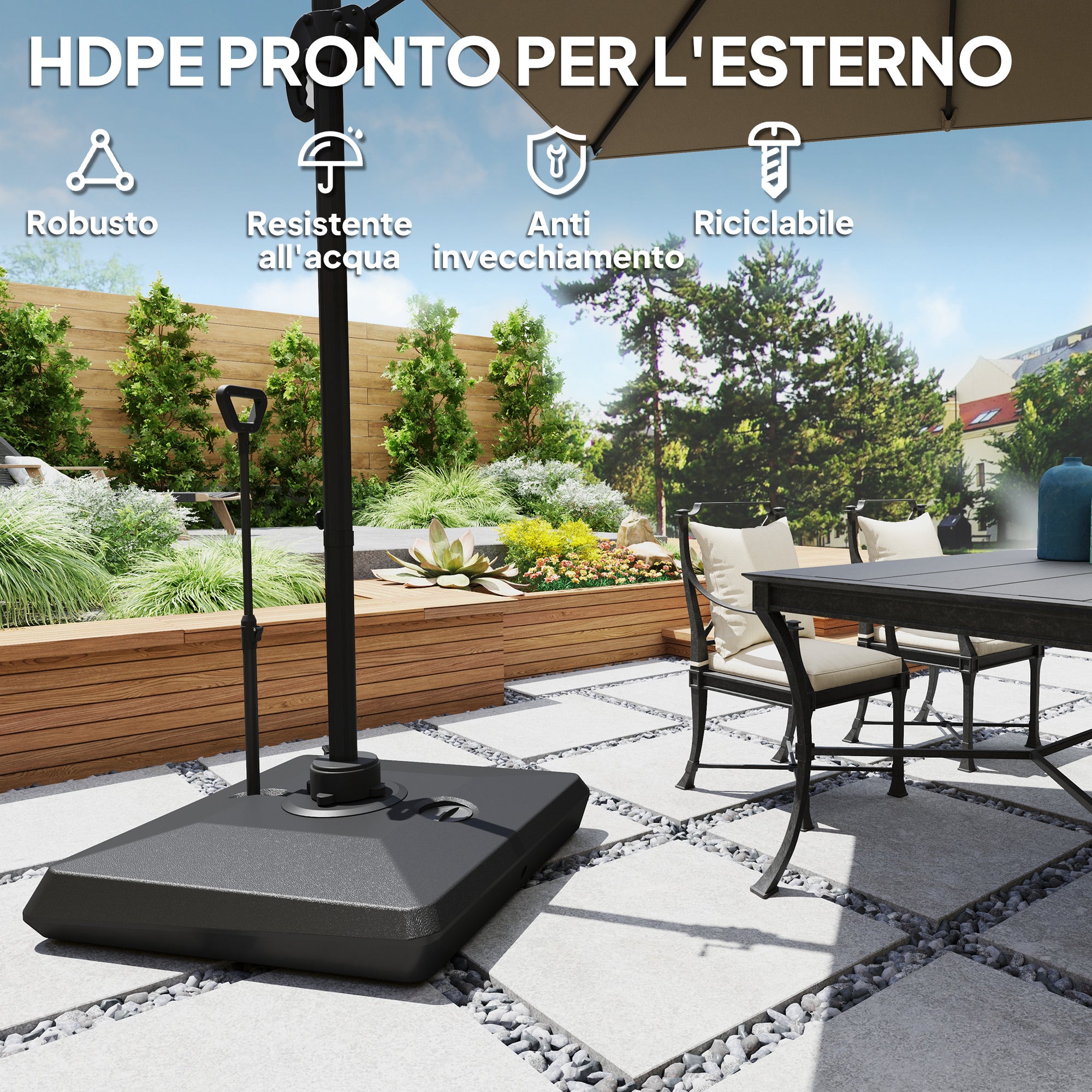 HDPE Cantilever Umbrella Base with Handle and Wheels and Fillable with Water or Sand, 95x95x117 cm, Black