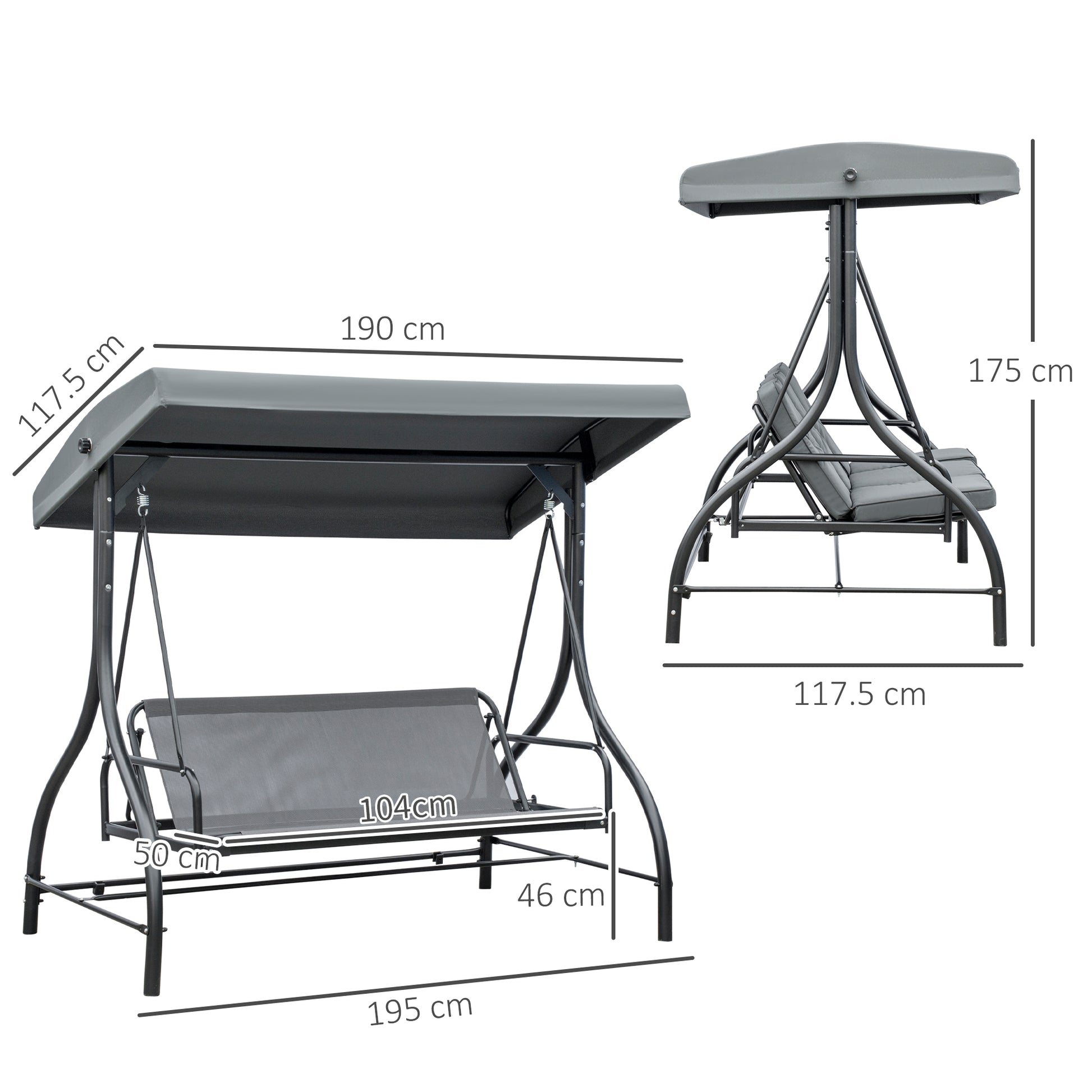 3 -seater garden rocking outsunny convertible in bed with adjustable roof, dark gray - Borgè