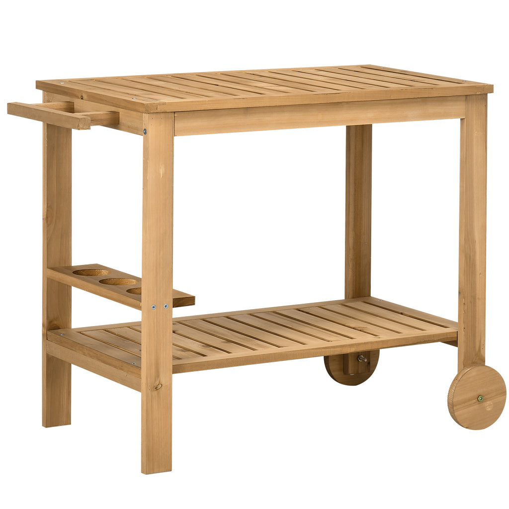 Outsunny Wooden Garden Food Cart with 2 Shelves and Bottle Holder, 95x47x74 cm, Wood Color