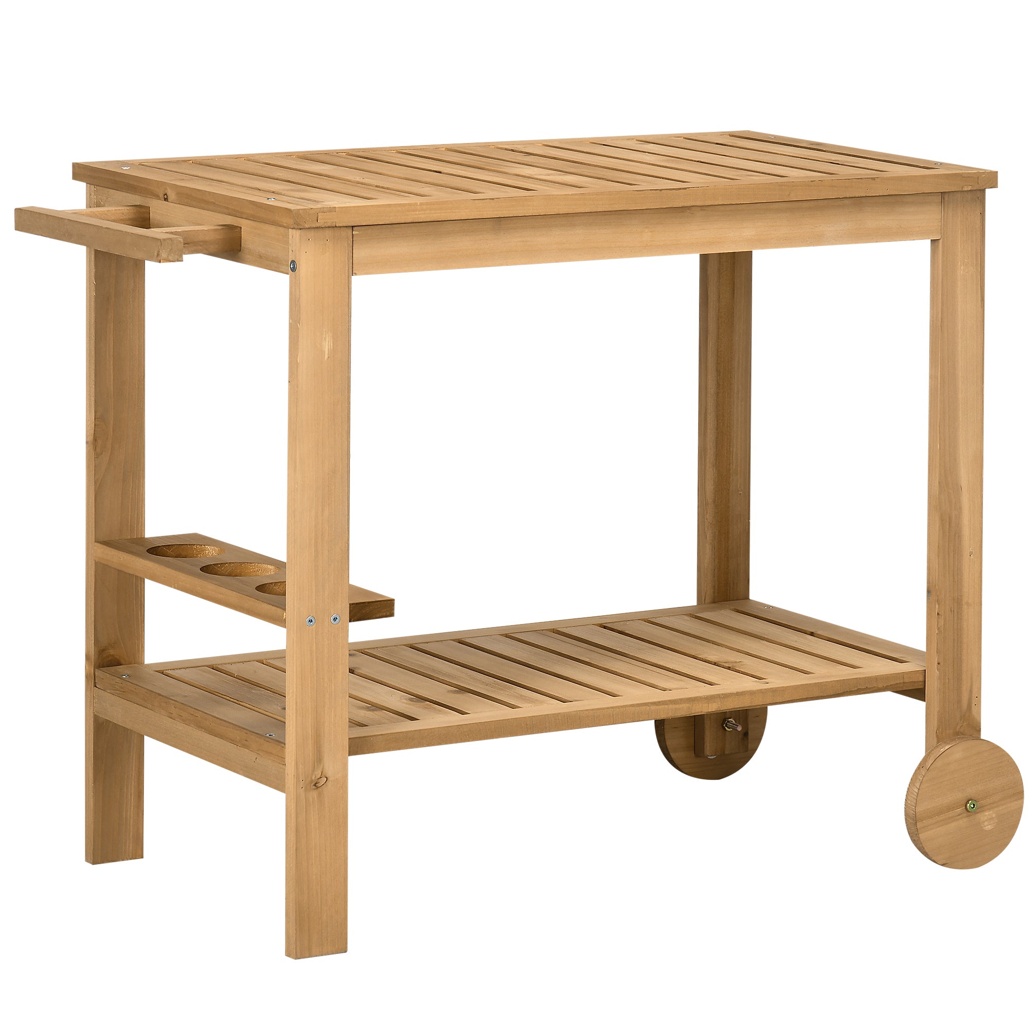 Outsunny Wooden Garden Food Cart with 2 Shelves and Bottle Holder, 95x47x74 cm, Wood Color