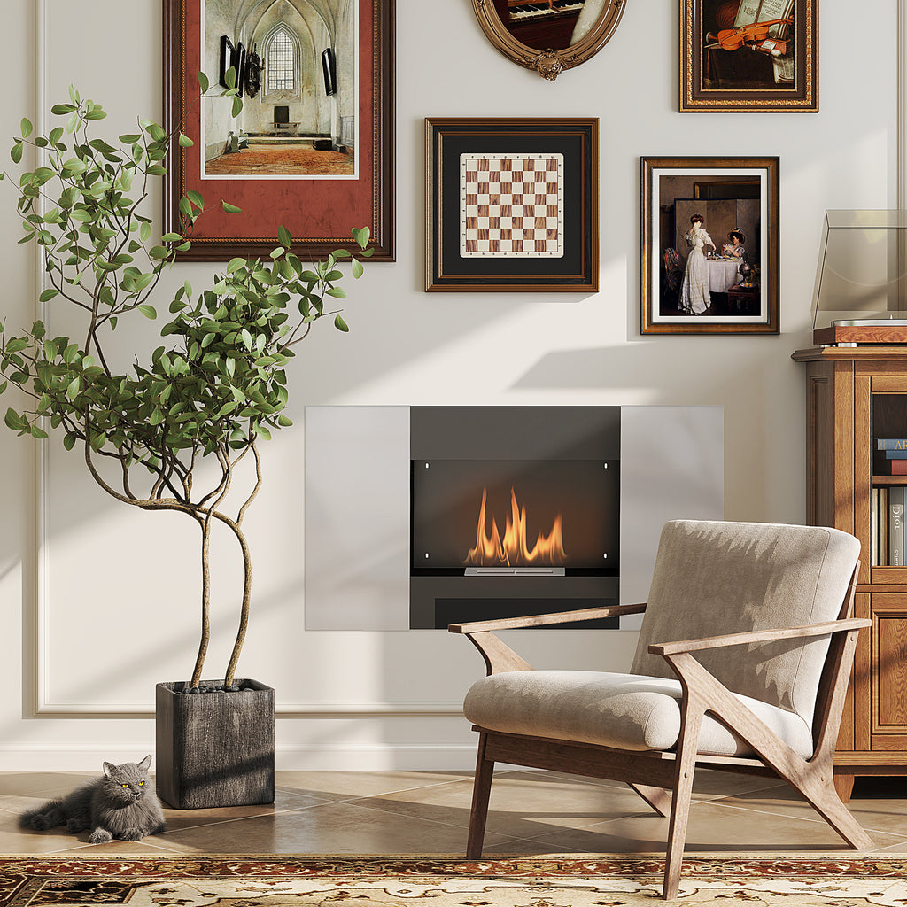 Wall Mounted  0.9L Bioethanol Fireplace with Protective Panel, Stainless Steel and Glass, 100x15x54 cm, Black and Silver