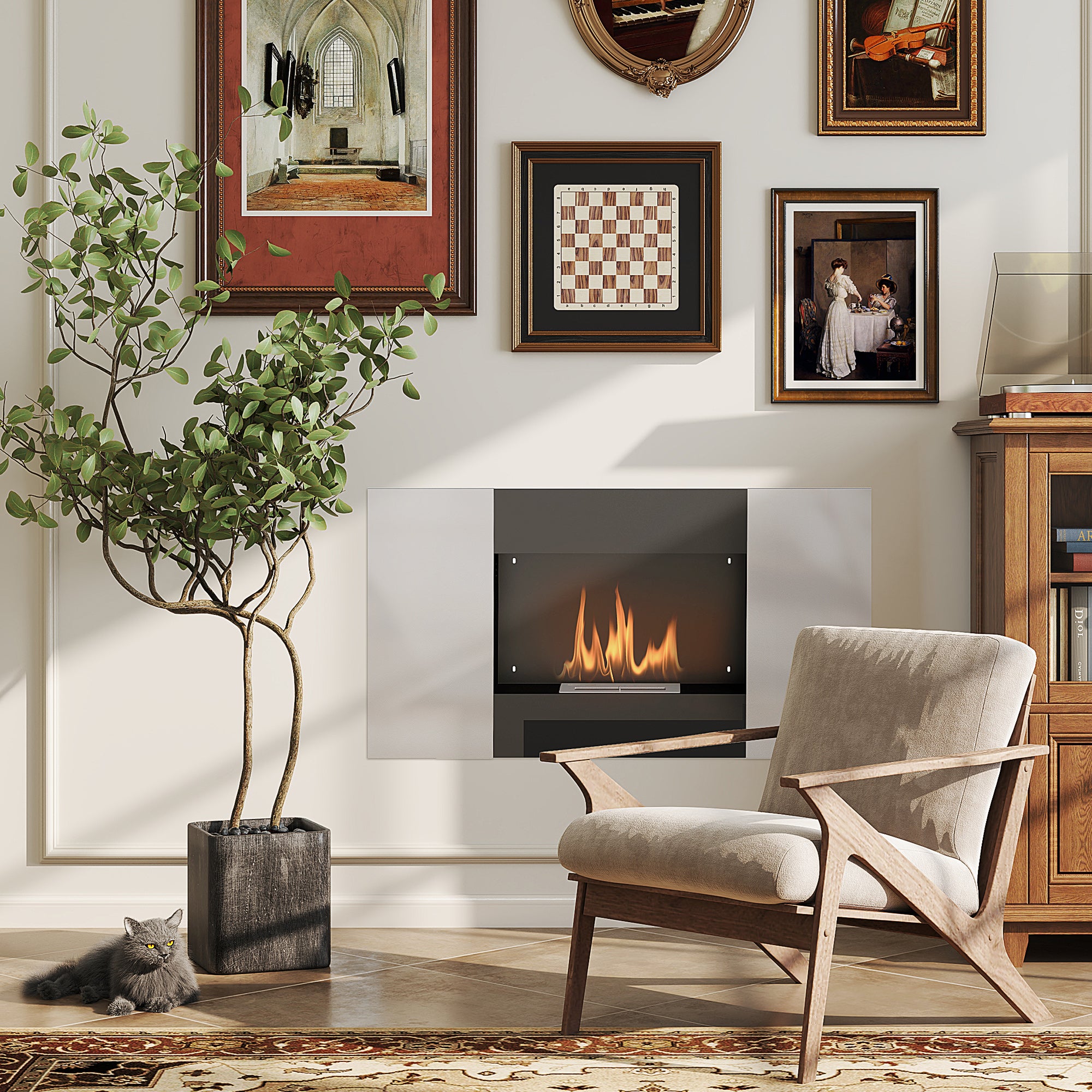 Wall Mounted  0.9L Bioethanol Fireplace with Protective Panel, Stainless Steel and Glass, 100x15x54 cm, Black and Silver