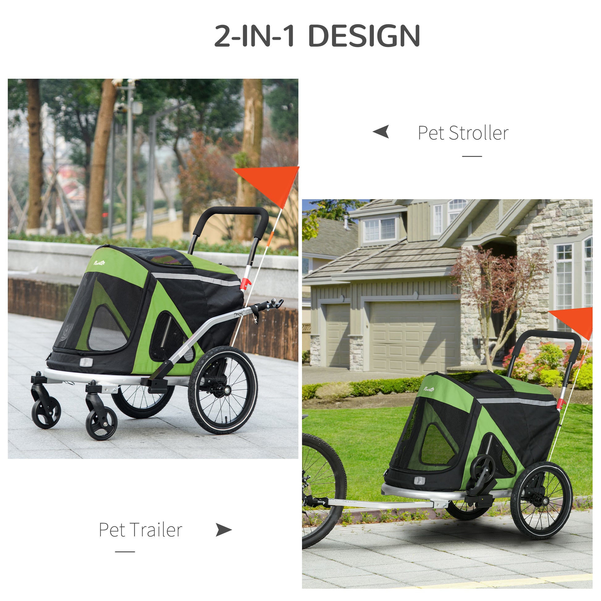 PAWHUT Bike trailer and dog stroller 2 in 1 folding with cathi -fifths and flags, greenery - Borgè