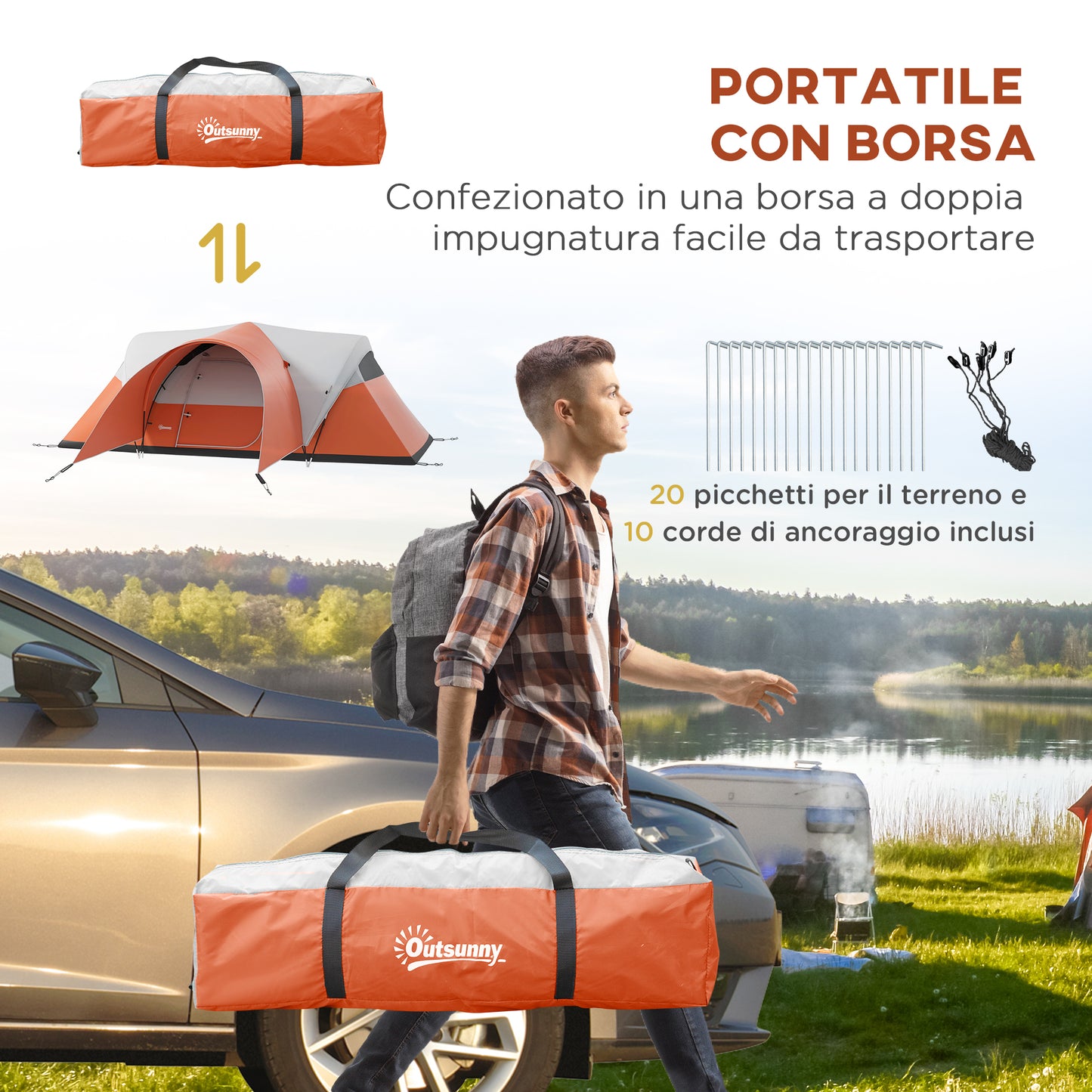 Outsunny 5-6 Person Camping Tent with Porch, 3000mm Waterproof with Transport Bag, Orange - Borgè