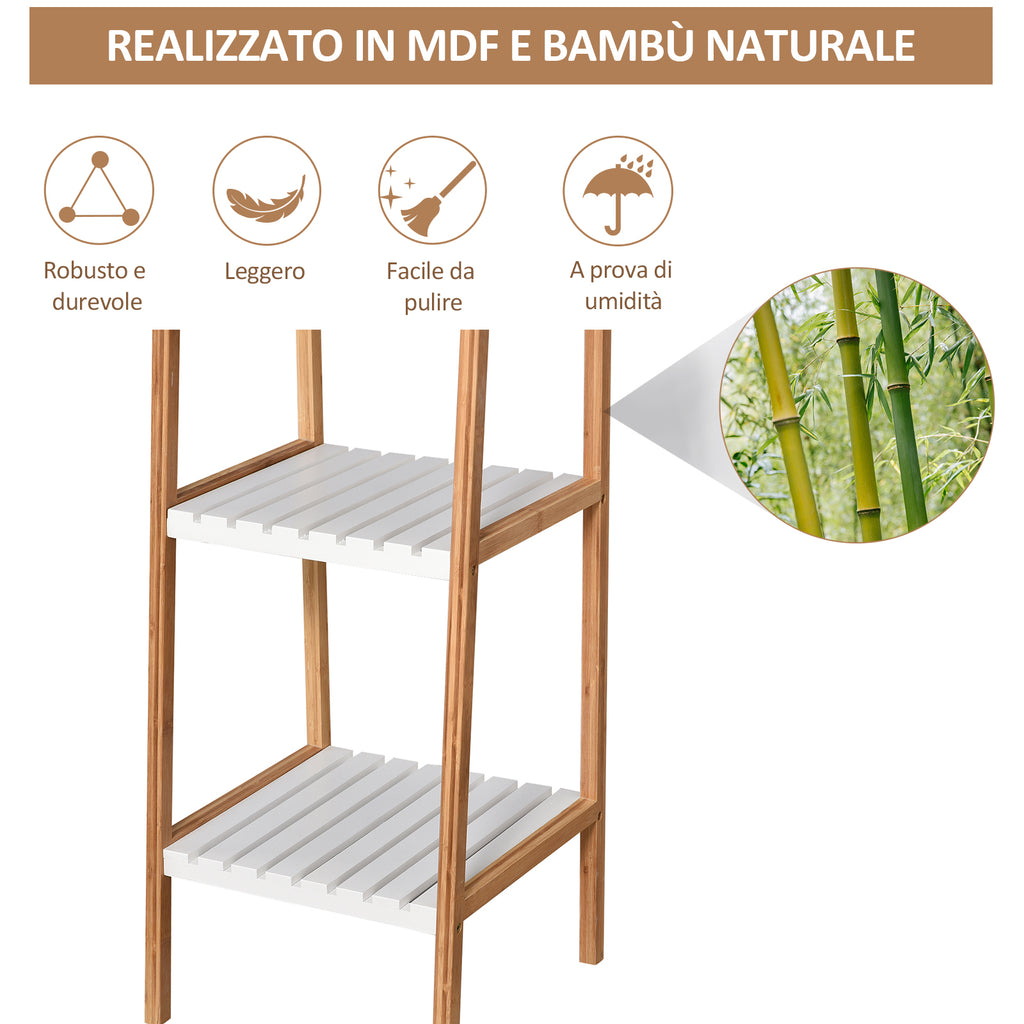 Ladder Bathroom Shelf with 4 Shelves in Pine and Bamboo, 35x36x138.5 cm, White and Wood
