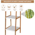 Ladder Bathroom Shelf with 4 Shelves in Pine and Bamboo, 35x36x138.5 cm, White and Wood