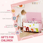 Children's Toy Storage Chest with Safety Hinges, Wooden Animal Design, 60x37x39 cm, Pink