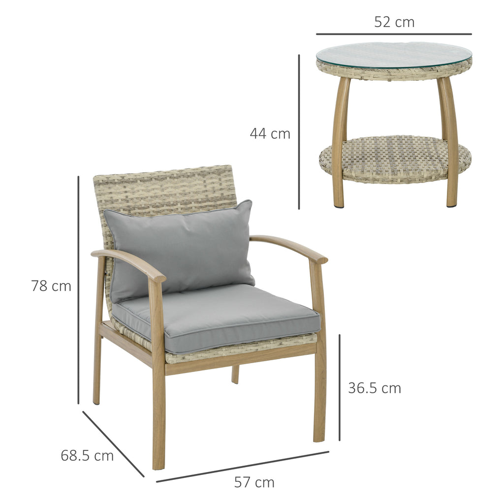 Outsunny Rattan Garden Lounge with 2 Armchairs with Cushions and Glass Table, Brown and Gray - Borgè