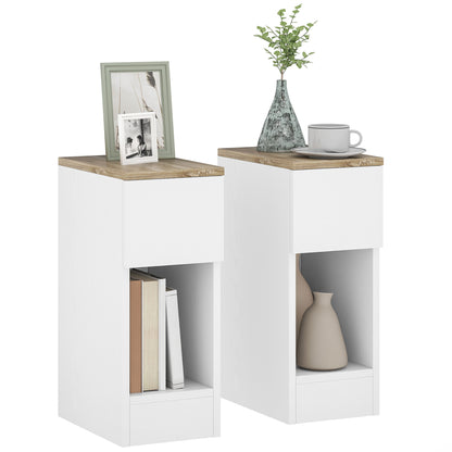 Set of 2 Modern Bedside Tables with Drawer and Wooden Shelf, 20x30x50 cm, White and Oak