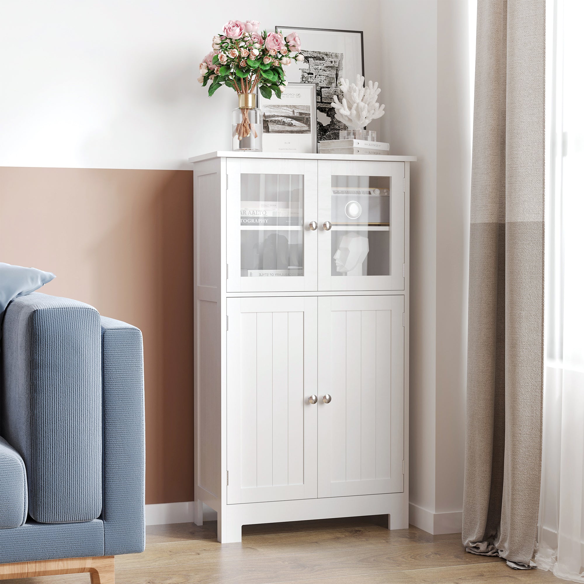 Bathroom Cabinet with Two Cabinets, Glass Doors and Adjustable Shelf, 60x30x108.5 cm, White