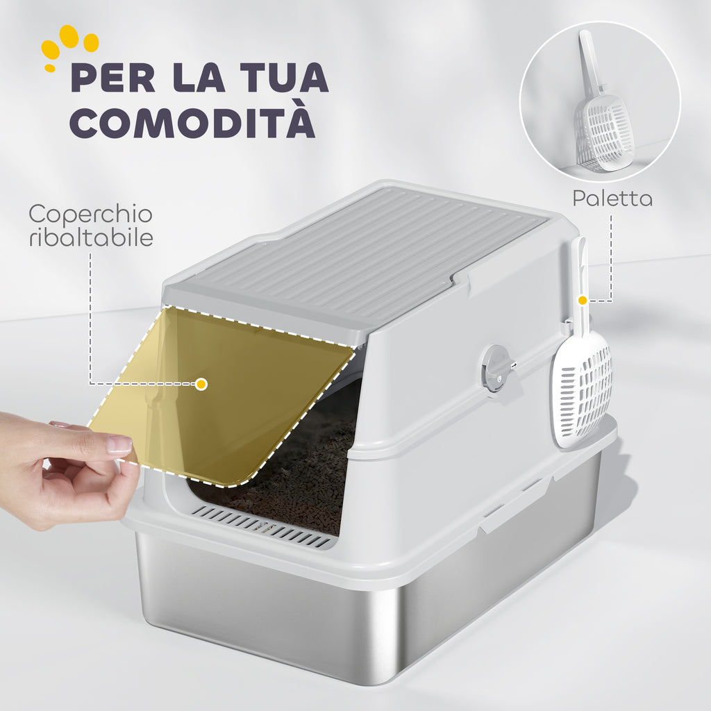PawHut Stainless Steel Litter Box for Large Cats with Flip Lid, Scoop and Deodorizer, Light Grey