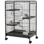 Small Animal Cage with Wheels, Rabbit and Chinchilla Cage with 3 Ramps and 3 Platforms, Bowl and Bottle, 61.5x44x95 cm, Black