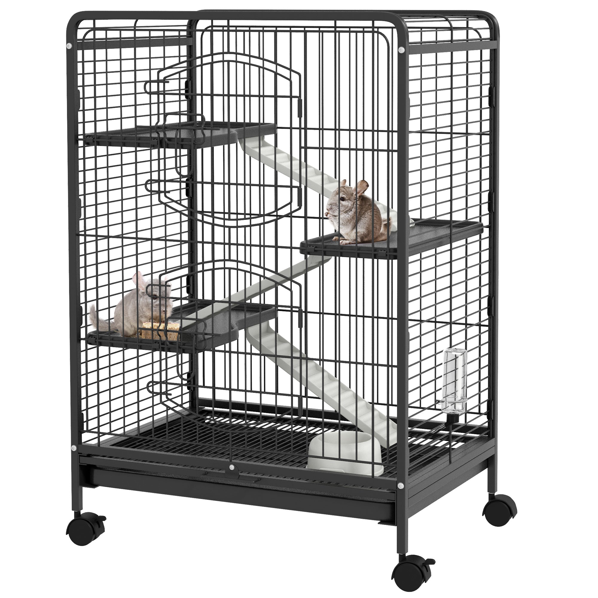 Small Animal Cage with Wheels, Rabbit and Chinchilla Cage with 3 Ramps and 3 Platforms, Bowl and Bottle, 61.5x44x95 cm, Black