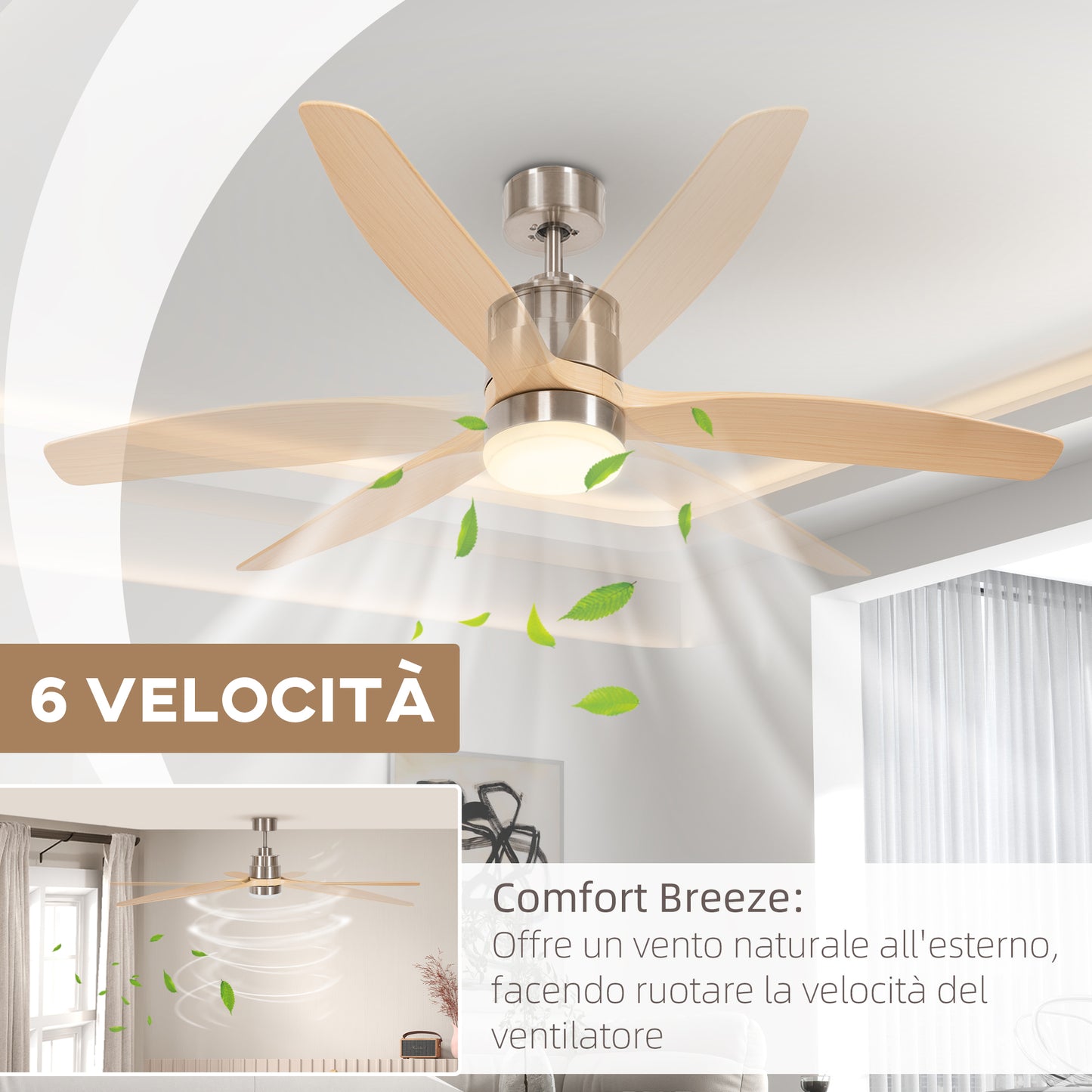 Modern Ceiling Fan with 6-Speed White LED Light and Timer, Metal and Acrylic Construction - Ø132 x 43 cm - Borgè