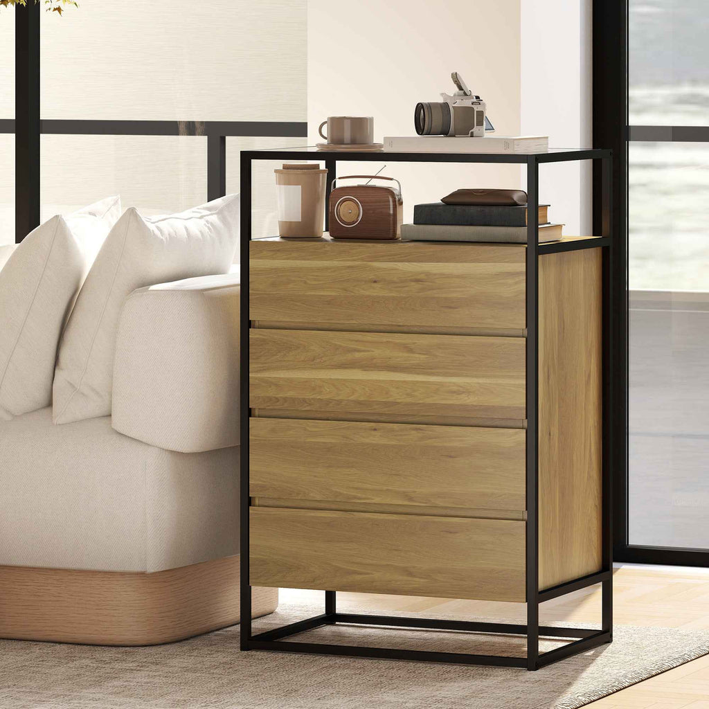 4-Drawer Chest with Open Shelf in Steel and Glass