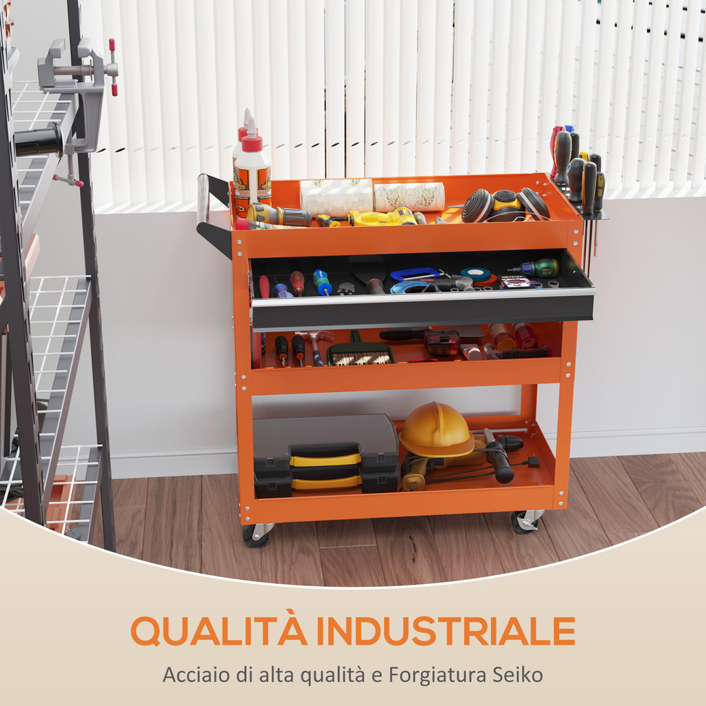 Tool Cart with Side Handle, Drawer and 3 Steel Shelves, 82x35x76 cm, Orange