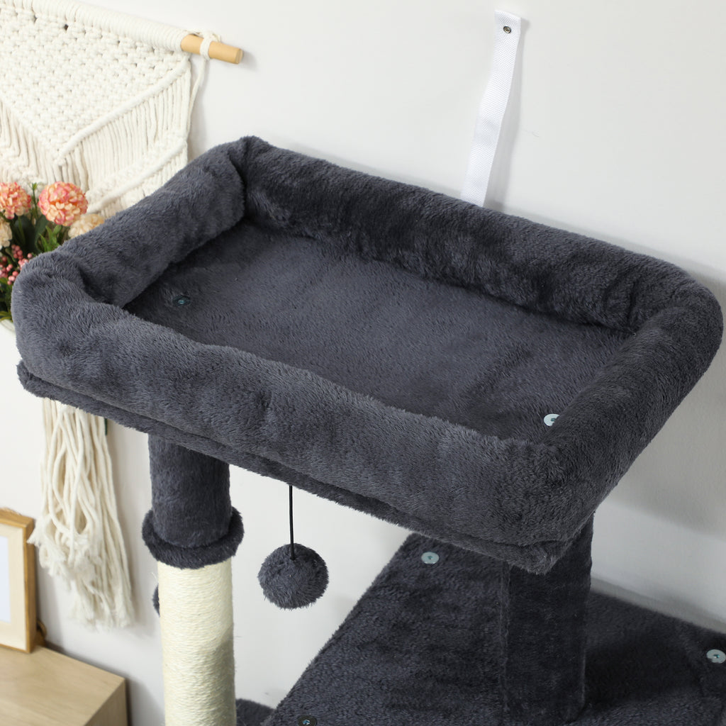 PawHut Multi-Level Cat Tree, 132 cm Tall, with House, Bed, Scratching Posts, Brush and Ball, Dark Grey