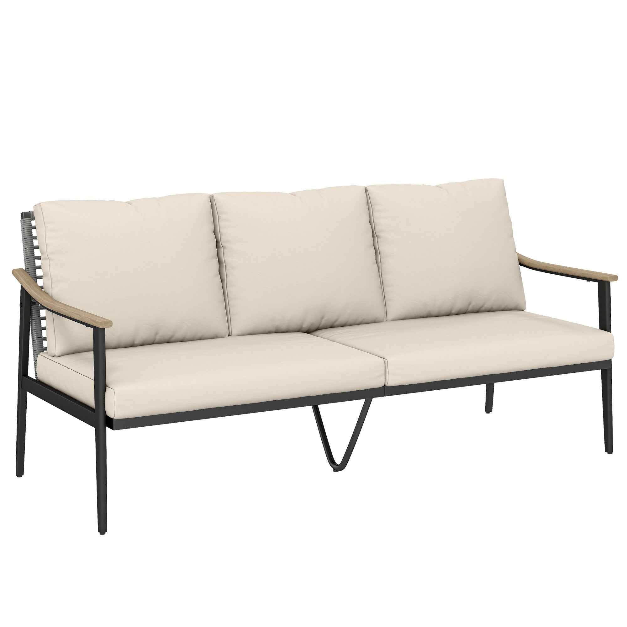 Outsunny 3-Seater Rattan Outdoor Sofa with Wood-Effect Armrests and Backrest, for Porch, Patio, Khaki