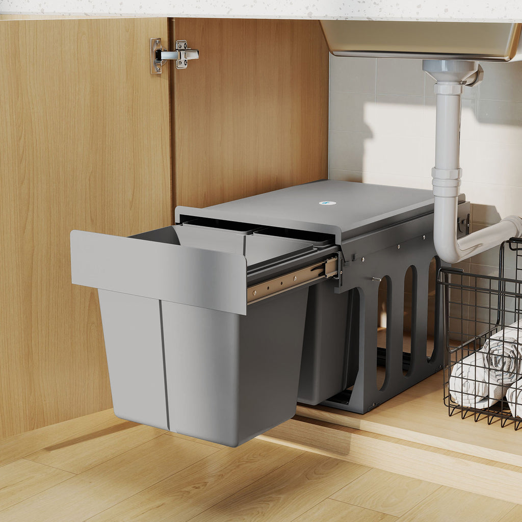 HOMCOM 31L Under Sink Pull Out Waste Bin with 3 Removable Buckets and Top, Light Grey