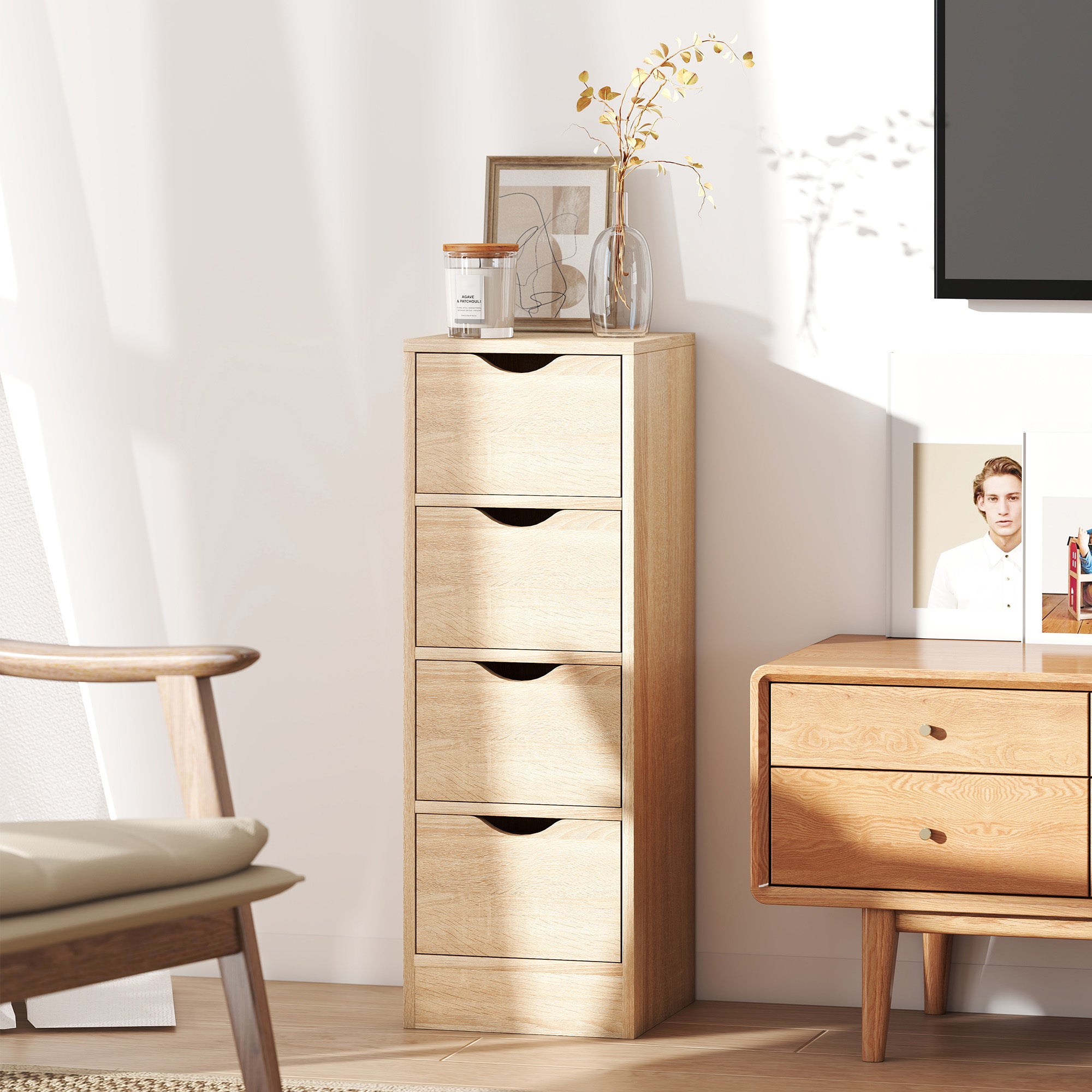 Space-Saving Bathroom Cabinet with 4 Drawers and Carved Handles in Nordic Style, 29x29x83 cm, Natural Wood