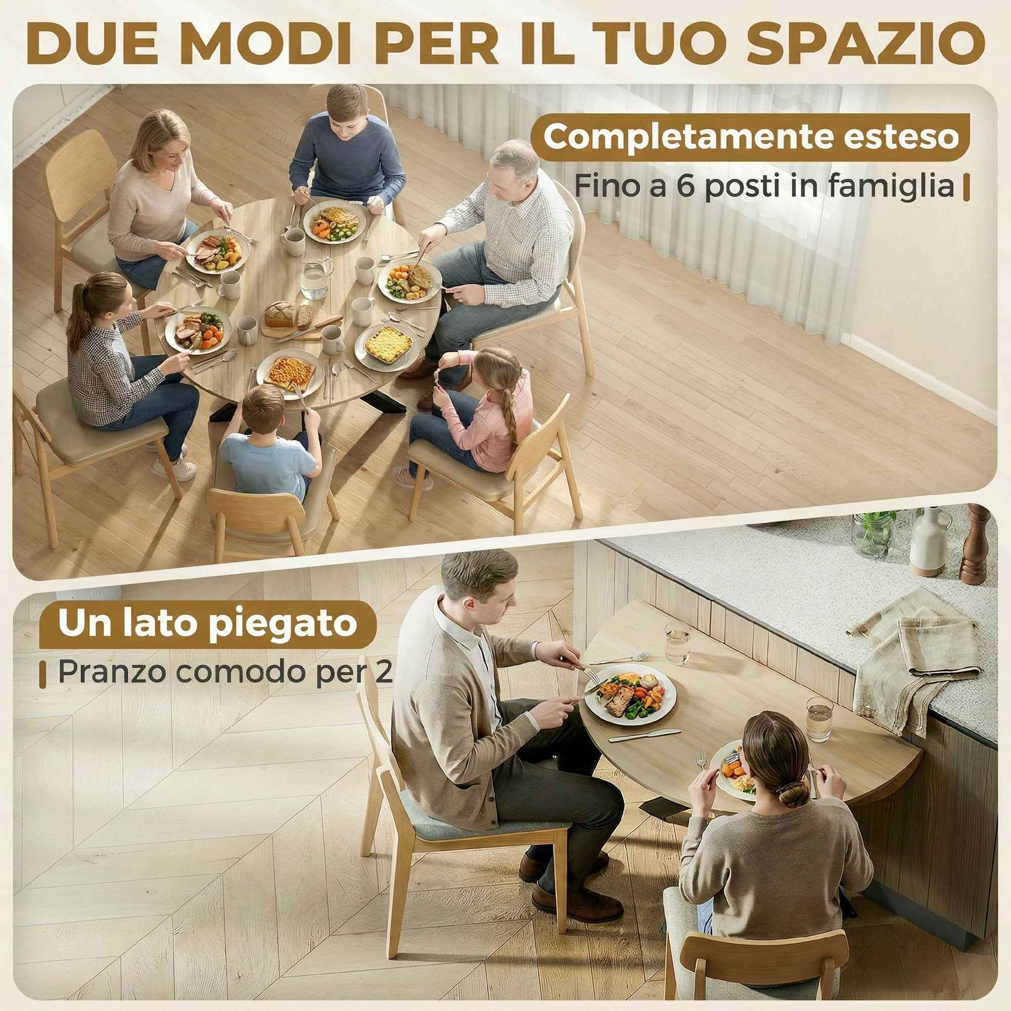 HOMCOM Round Folding Drop-Leaf Table for 2-6 People, in Wood and Steel, 110x110x76 cm, Wood Color