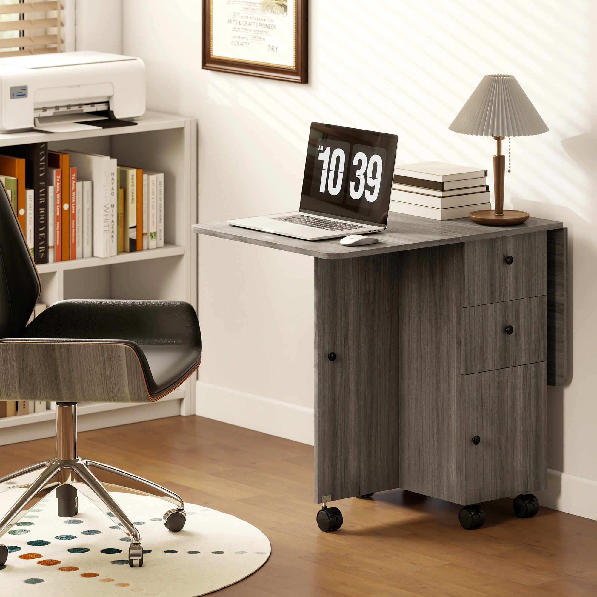 6-Wheel Drop-Leaf Table with 2 Drawers and Cabinet Doors, Wooden, 120x60x76.5 cm, Grey