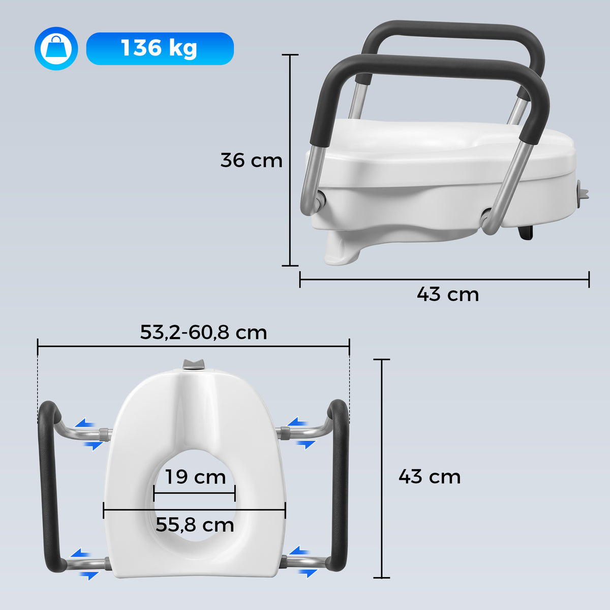 HOMCOM HDPE Toilet Seat Raiser for the Elderly with Non-Slip Handles, Adjustable Width, 136kg Capacity, White