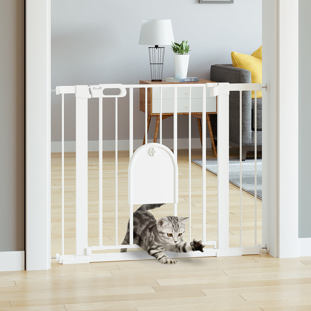 Adjustable Dog Gate with Small Door and Automatic Closure, 75-103x76cm, White