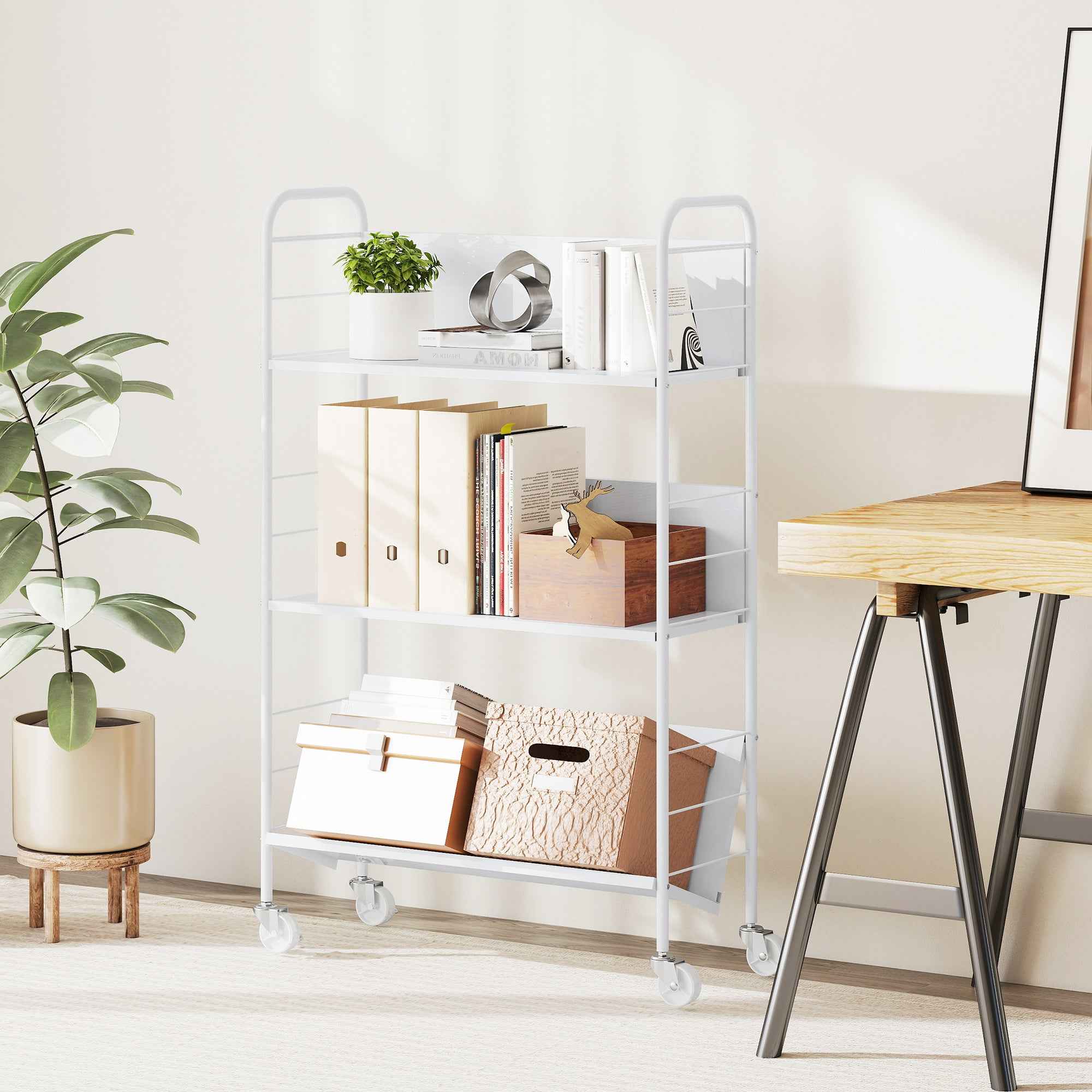 HOMCOM Modern 3-Tier Book Cart with Swivel Wheels for Books and Magazines, 69x26x108 cm, White