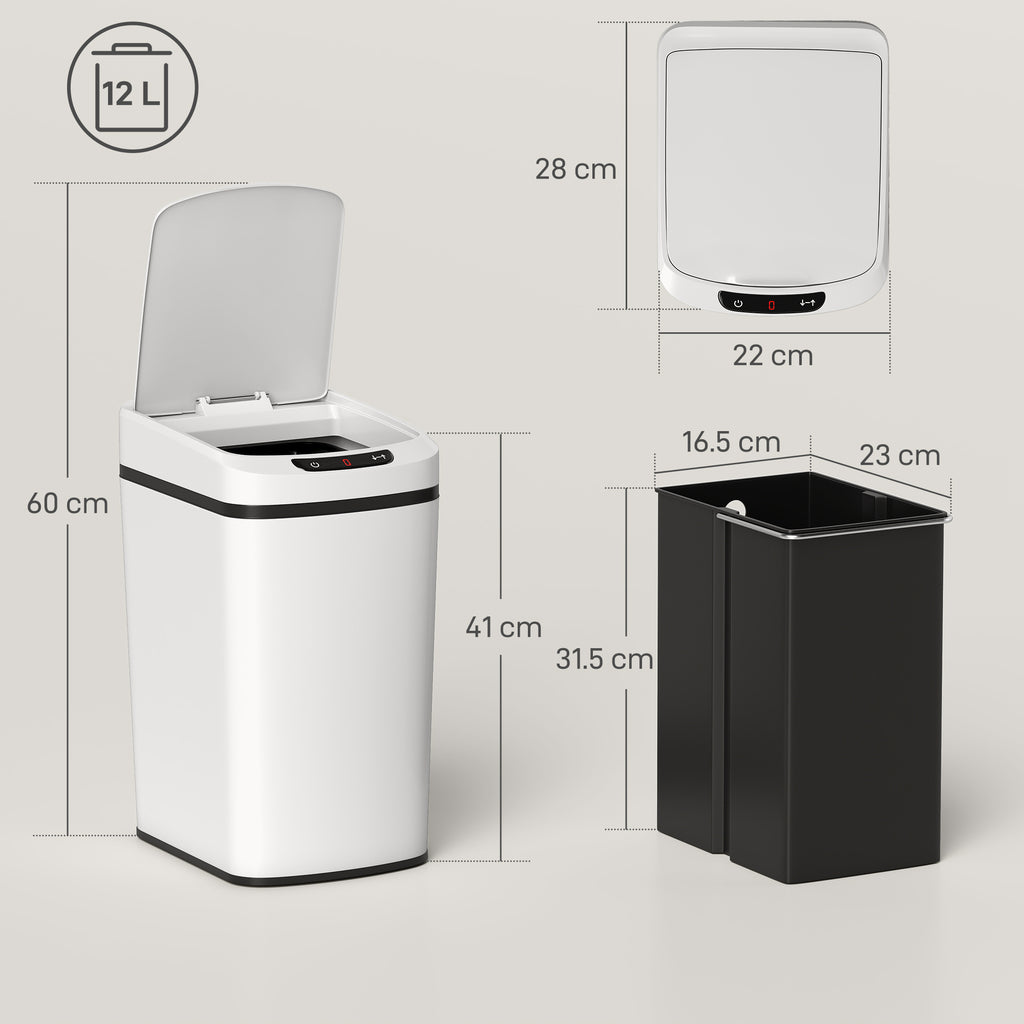 HOMCOM 12L Infrared Waste Bin with Removable Bucket, Stainless Steel, ABS and PP, 28x22x41 cm, White