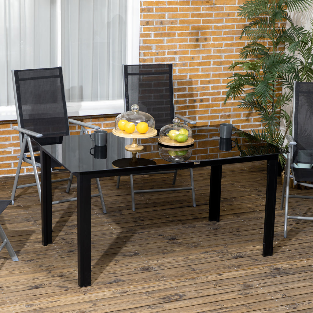 Outsunny Rectangular Garden Table for 6 People with Glass and Aluminum Top, 150x90 cm, Black