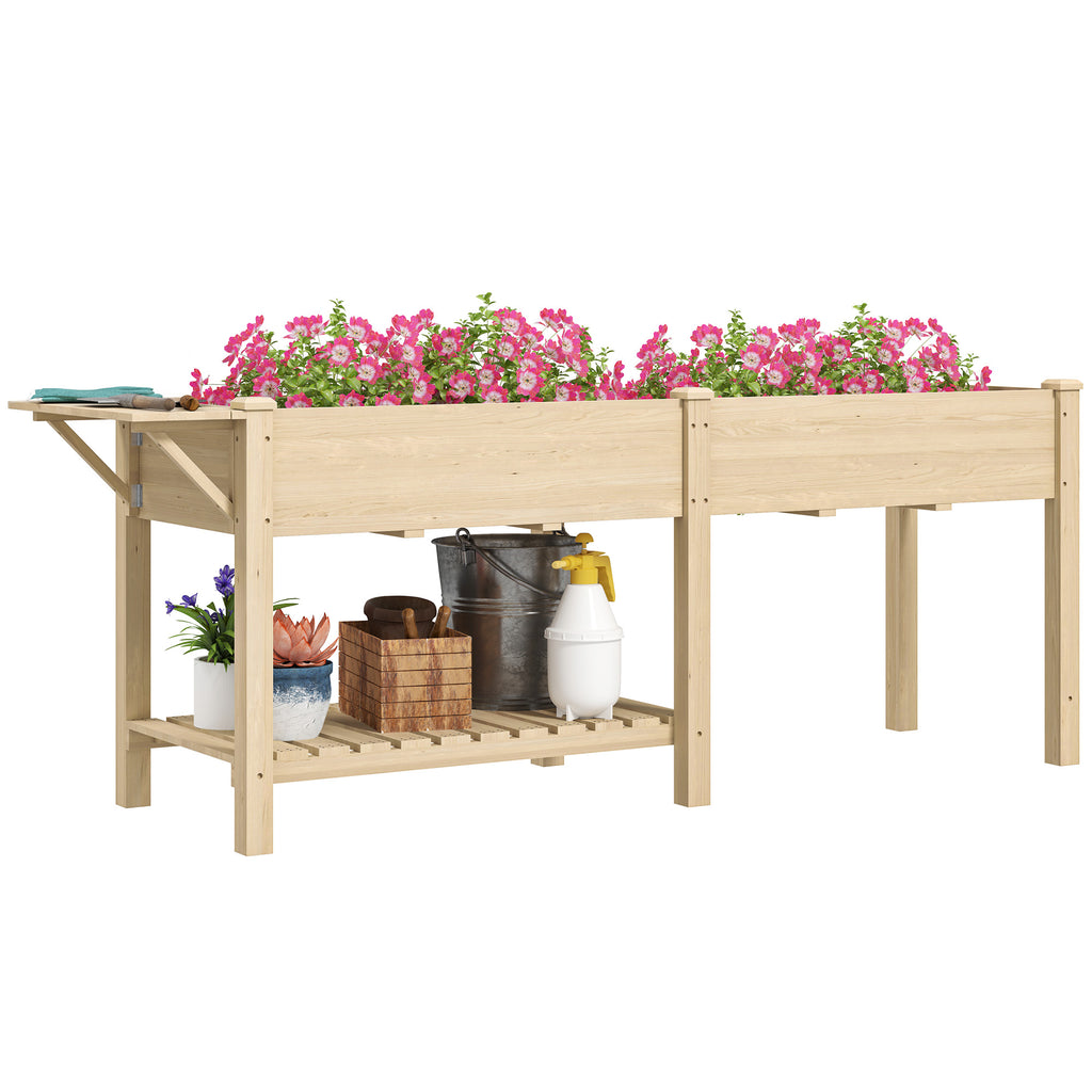 Raised Planter with Side Table and Lower Tool Shelf, in Fir Wood, 207x59x78 cm