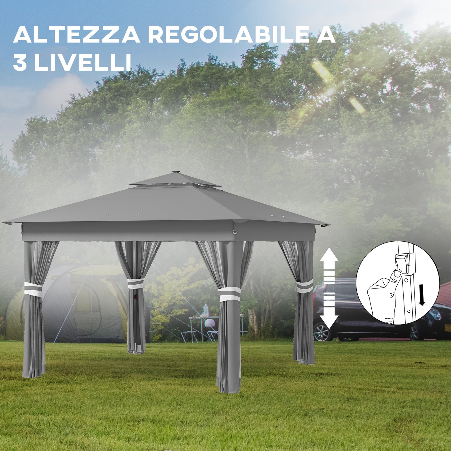 Adjustable Height Garden Gazebo with LED Lights, in Steel and Oxford Fabric, 336x336x250-270 cm, Grey - Borgè